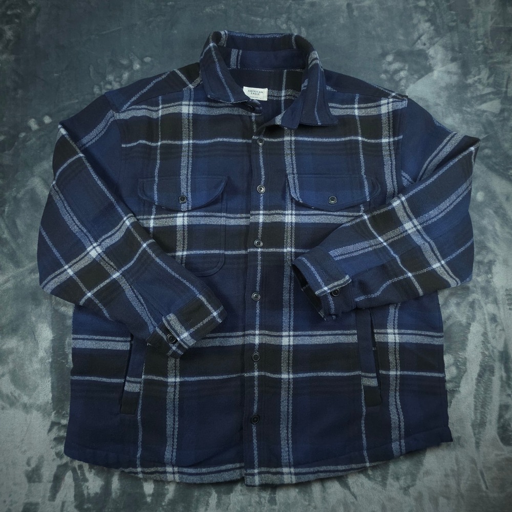 American Eagle Mens XXL Oversized Plaid Flannel Shirt Jacket Navy Blue Black